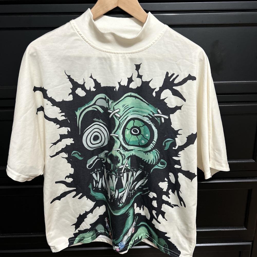Manfinity Ivory Green Face Print Short Sleeve‎ T Shirt Mens Size Large